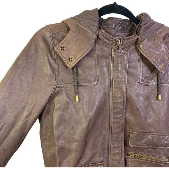 JOIE Brown Genuine Leather Hooded Bomber Jacket - Picture 5 of 11